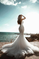 Stunning Sweetheart Beading Mermaid Wedding Gown Sleeveless Tulle Beach Bridal Dress