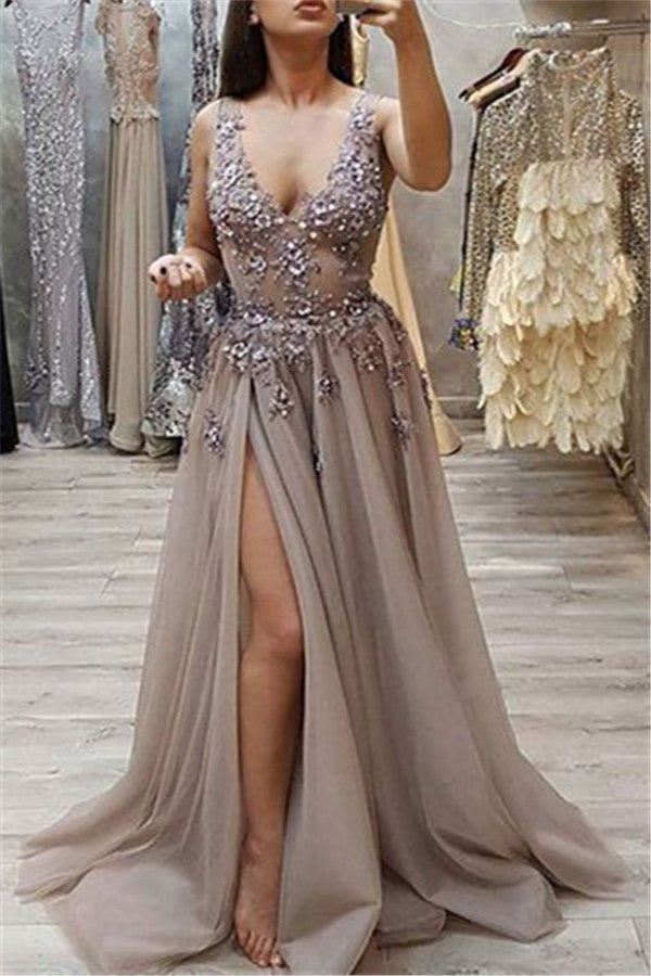 Stunning V-Neck Sleeveless Beading Long Prom Dresses | Front Split A-Line Appliques Evening Gown
