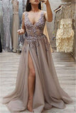 Stunning V-Neck Sleeveless Beading Long Prom Dresses | Front Split A-Line Appliques Evening Gown