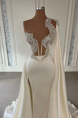 Stunning White A-line One Shoulder Formal Wears Long Glitter Prom Dresses With Split Online