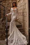 Stunning sweetheart longsleeves mermaid lace Bridal Gowns
