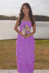 Suzhoufashion Stylish A Line Strapless Purple Long Prom Dress With Ruffles Split Front Formal Evening Gown