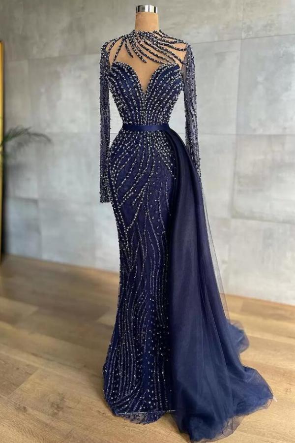 Stylish High Neck Navy Mermaid Evening Dress with Detachable Tulle Train Crystals Beads Long Prom Dress