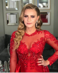 Stylish Long Sleeves Red Evening Dress Lace Appliques with Side Slit