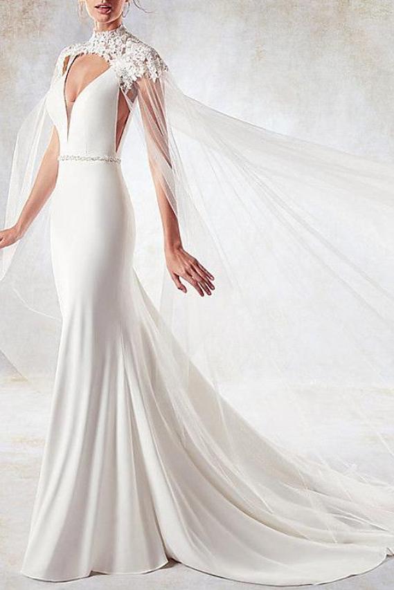 Stylish Mermaid V-Neck Wedding Dress Sexy Open Back Sleeveless Bridal Dress with Beading Sash