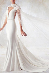Stylish Mermaid V-Neck Wedding Dress Sexy Open Back Sleeveless Bridal Dress with Beading Sash