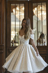 Stylish Off-the-Shoulder Lace Appliques Short Beach Wedding Dress Glitter Sequins Dress for Bride