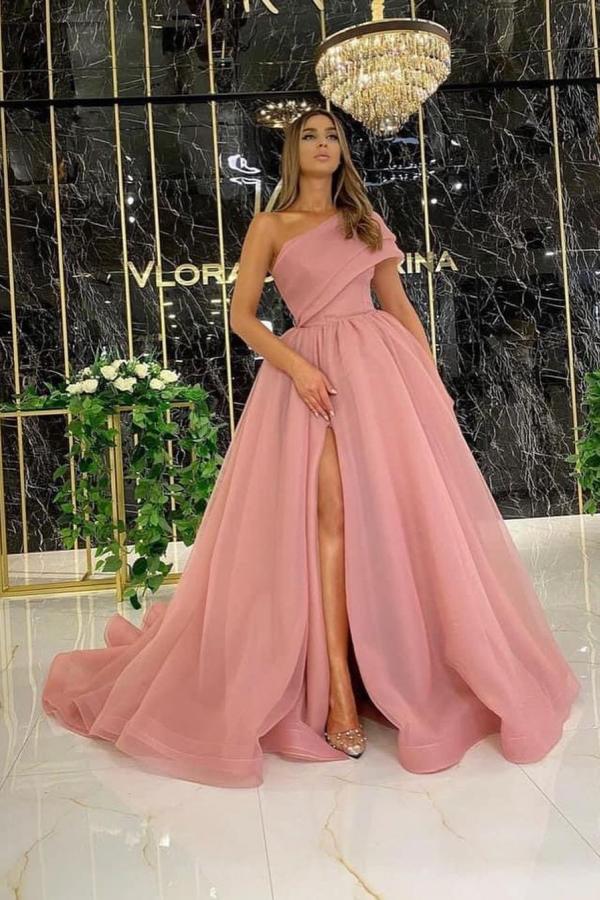 Stylish One Shoulder Dusty Pink Evening Swing Gown Side Slit