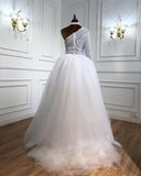 Stylish One-Shoulder Tulle Lace Prom Dress with Pearls On Sale