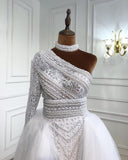 Stylish One-Shoulder Tulle Lace Prom Dress with Pearls On Sale