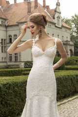Stylish Spaghetti Lace Bridal Gowns Mermaid Sexy Sweep Train Wedding Dress