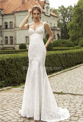 Stylish Spaghetti Lace Bridal Gowns Mermaid Sexy Sweep Train Wedding Dress