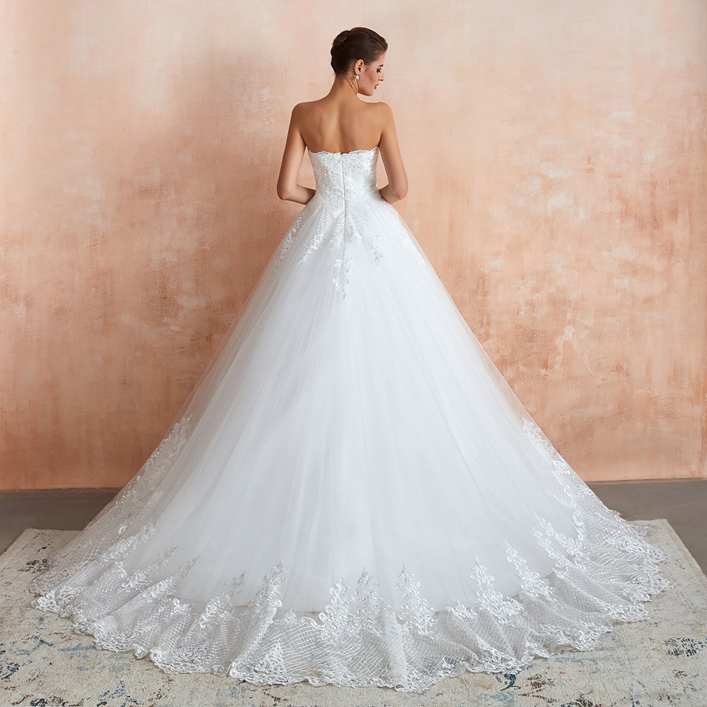 Stylish Strapless White Lace Affordable Wedding Dress with Low Back