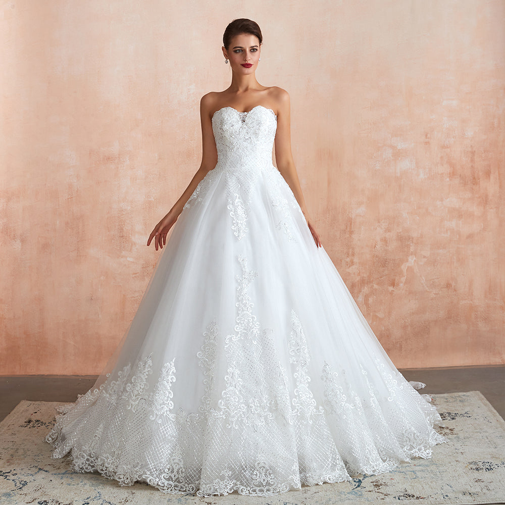 Stylish Strapless White Lace Affordable Wedding Dress with Low Back Stylish Strapless White Lace Affordable Wedding Dress with Low Back