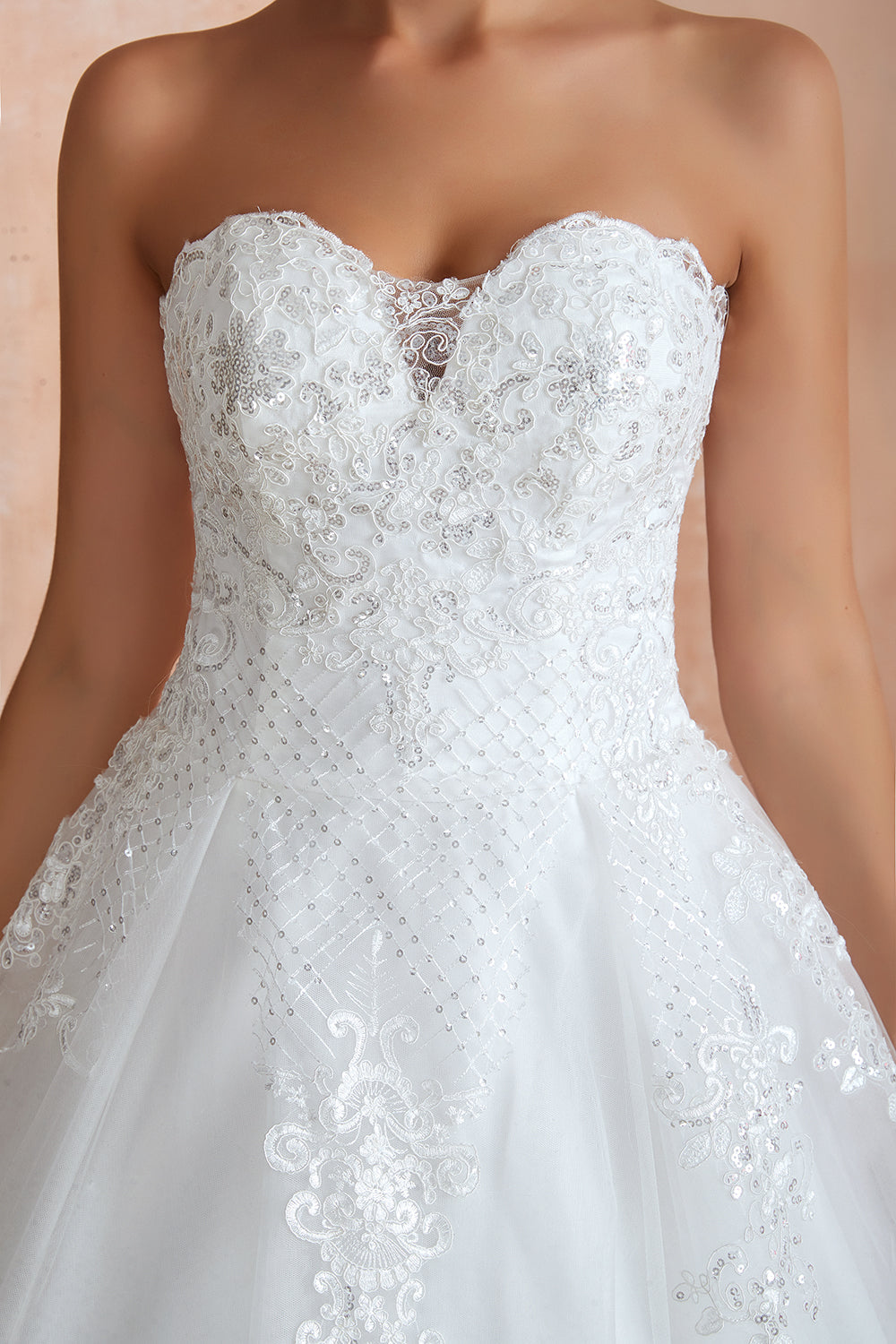 Stylish Strapless White Lace Affordable Wedding Dress with Low Back