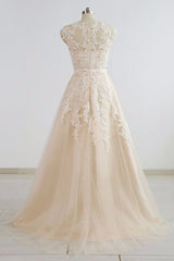 Stylish Straps Sleeveless Champagne Wedding Dress | A-line Lace Bridal Gowns