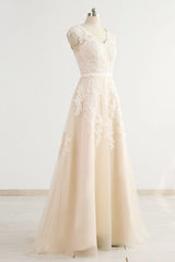 Stylish Straps Sleeveless Champagne Wedding Dress | A-line Lace Bridal Gowns