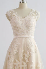 Stylish Straps Sleeveless Champagne Wedding Dress | A-line Lace Bridal Gowns