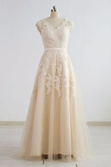 Stylish Straps Sleeveless Champagne Wedding Dress | A-line Lace Bridal Gowns