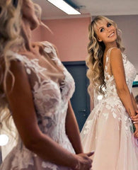 Stylish V-Neck A-line Wedding Dress Tulle Floral Lace Sleeveless Bridal Dress