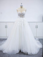 Stylish V-Neck A-line Wedding Dress Tulle Floral Lace Sleeveless Bridal Dress