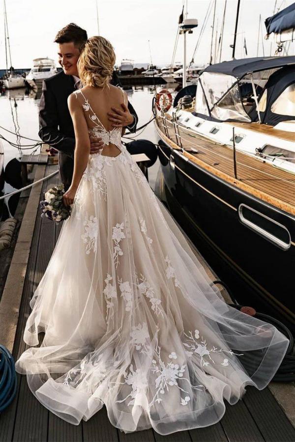 Stylish V-Neck A-line Wedding Dress Tulle Floral Lace Sleeveless Bridal Dress