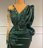 Stylish V-Neck Jade Long Prom Dress Long Sleeves Satin Beads Evening Maxi Dress
