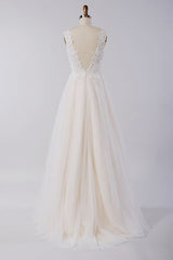Stylish V-neck Straps Tulle Wedding Dress | Appliques A-line Ruffles Bridal Gowns