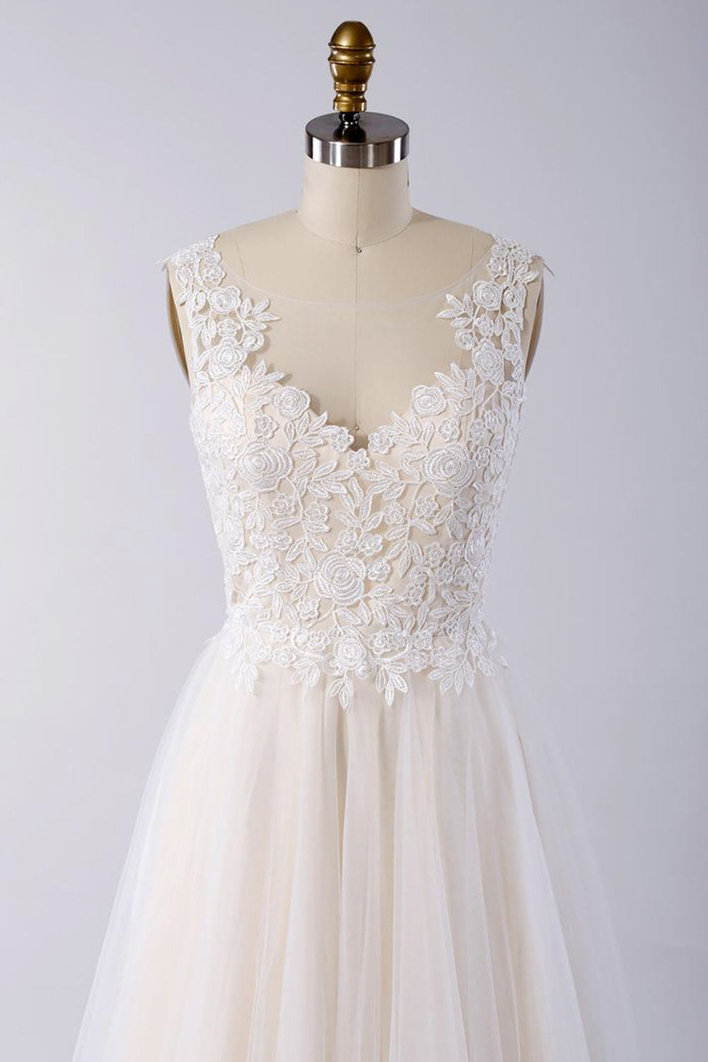 Stylish V-neck Straps Tulle Wedding Dress | Appliques A-line Ruffles Bridal Gowns