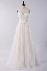 Stylish V-neck Straps Tulle Wedding Dress | Appliques A-line Ruffles Bridal Gowns
