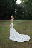 Stylish White Floral Lace Mermaid Bridal Dress Long Sleeves V-Neck Wedding Gown