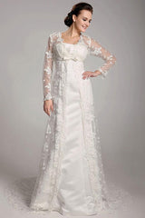 StylishSheath Wedding Dress Square Lace Satin Long Sleeve Bridal Gowns with Sweep Train