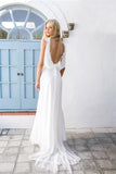 Summer Beach Wedding Dresses Lace Chiffon Backless Bridal Dress with Sash