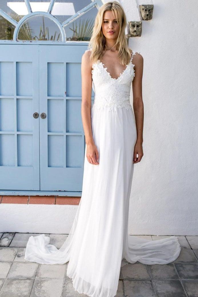 Summer Beach Wedding Dresses Lace Chiffon Backless Bridal Dress with Sash