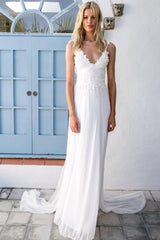 Summer Beach Wedding Dresses Lace Chiffon Backless Bridal Dress with Sash