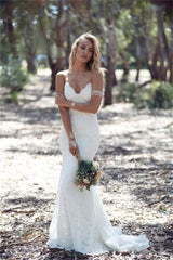 Summer Bohemian Beach Wedding Dresses Straps Backless Mermaid Lace Bride Dress WE0052