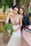 Summer Bowknot Sequined Open Back Sleeveless Plunging-Neck Long Beach Wedding Dresses