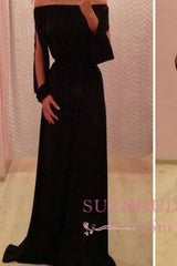 Summer Long-Sleeve Off-the-Shoulder A-Line Black Chiffon Prom Dresses BA4768
