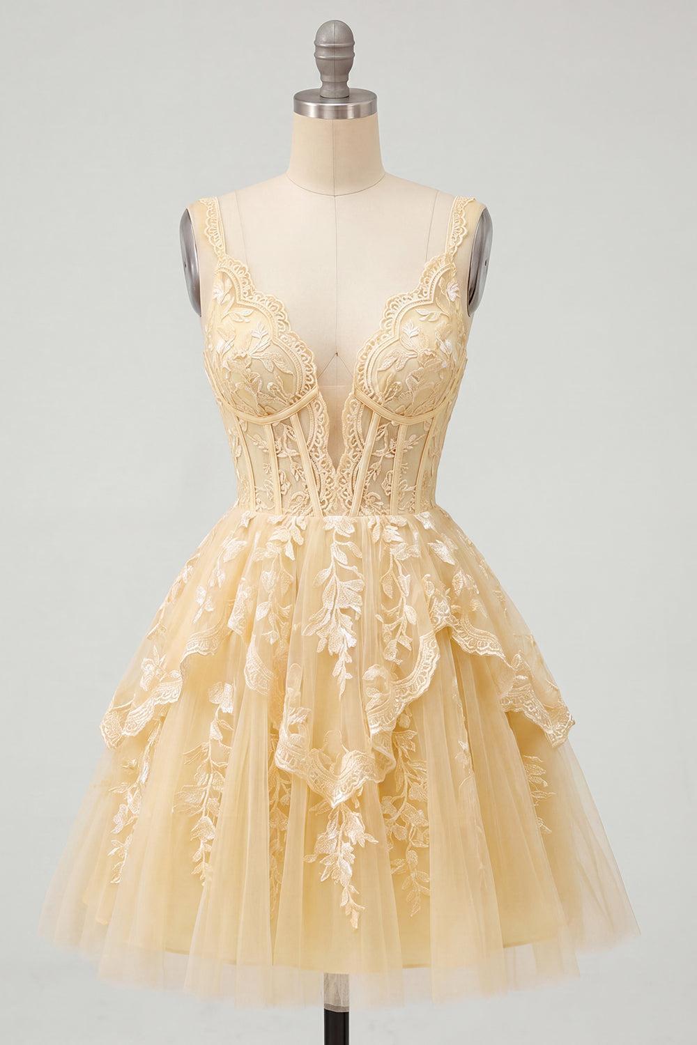 Suzhoufashion A Line Butter Yellow Lace V-Neck Ruffled Short Corset Homecoming Dress