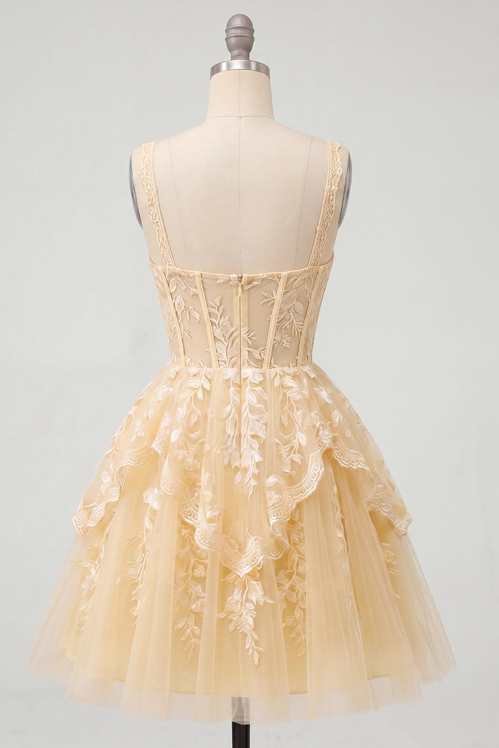 Suzhoufashion A Line Butter Yellow Lace V-Neck Ruffled Short Corset Homecoming Dress