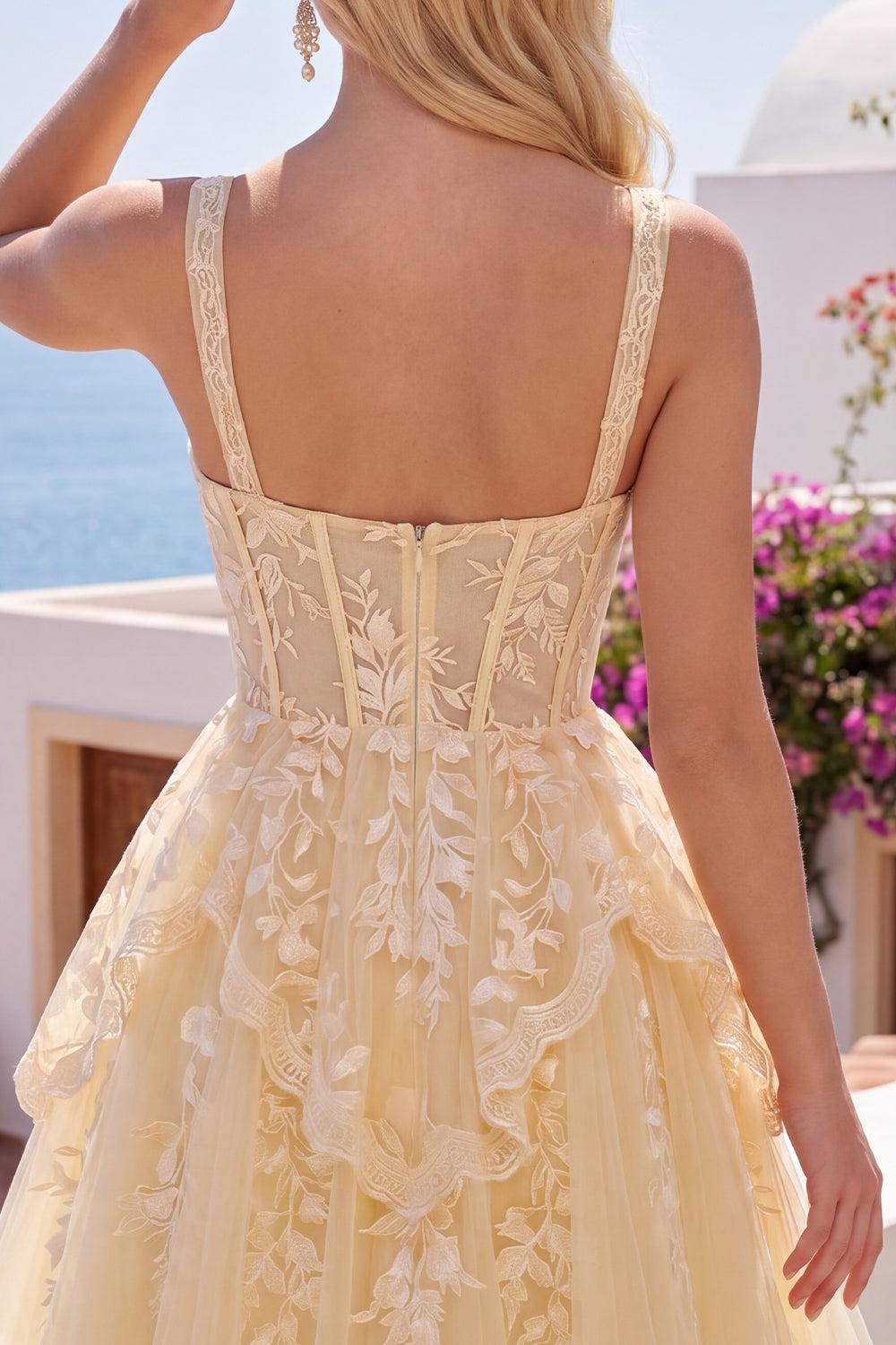 Suzhoufashion A Line Butter Yellow Lace V-Neck Ruffled Short Corset Homecoming Dress
