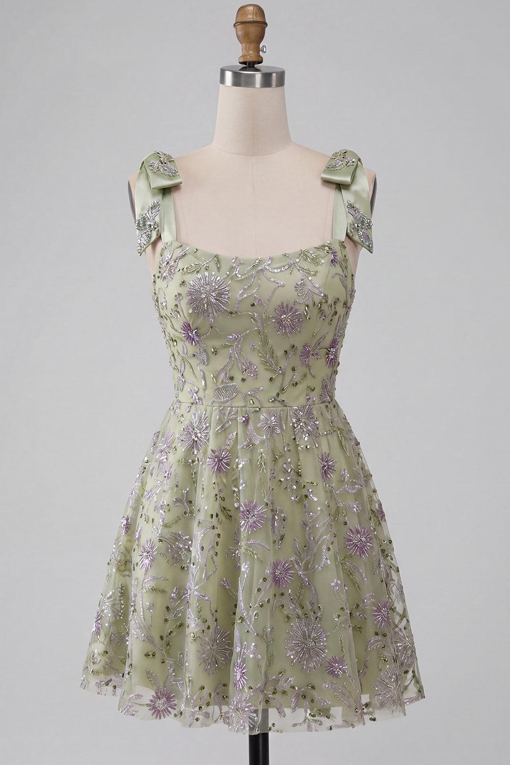 Suzhoufashion A-Line Floral Dusty Sage Short Beaded Homecoming Dress with Bows