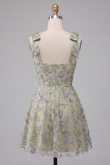 Suzhoufashion A-Line Floral Dusty Sage Short Beaded Homecoming Dress with Bows