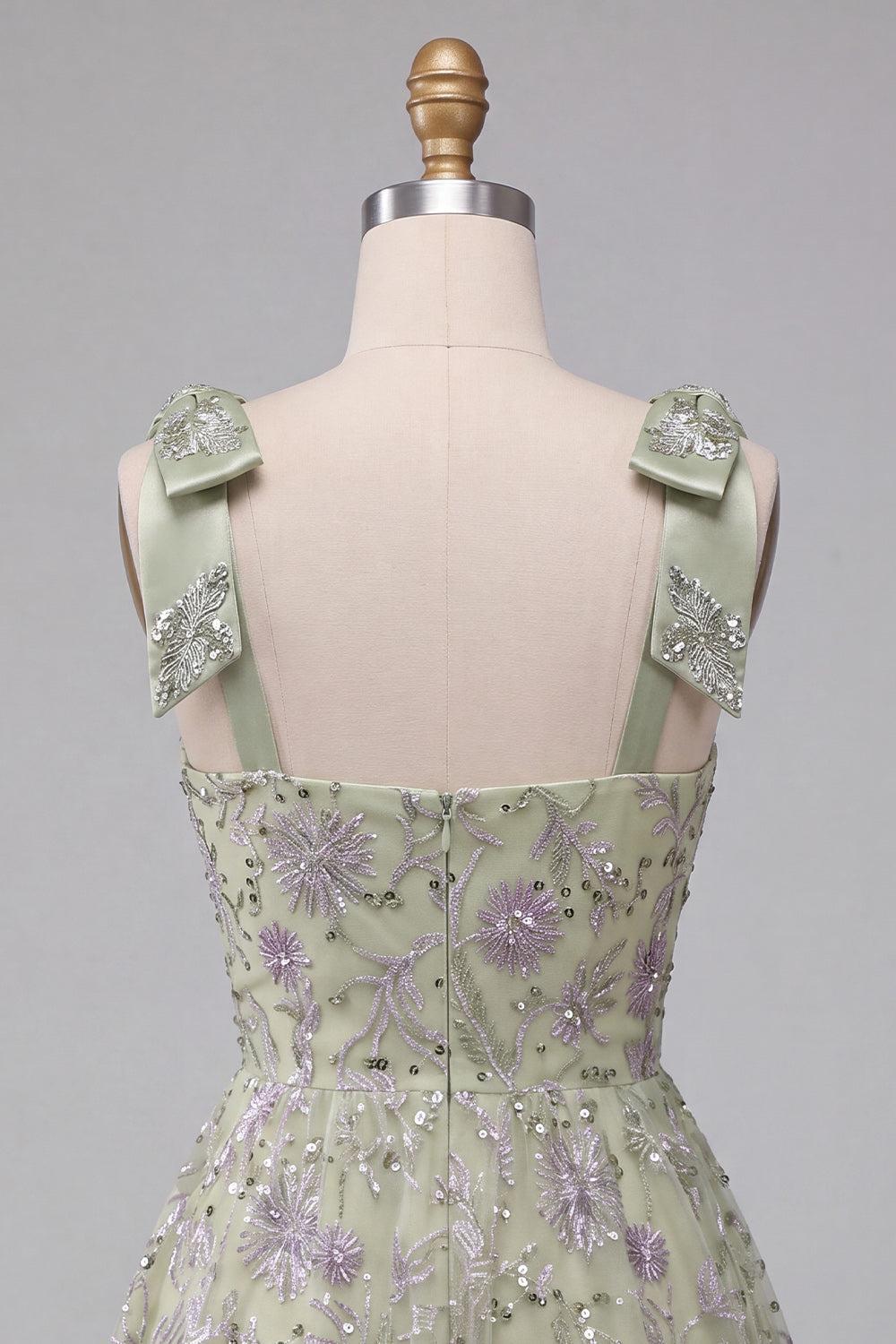 Suzhoufashion A-Line Floral Dusty Sage Short Beaded Homecoming Dress with Bows