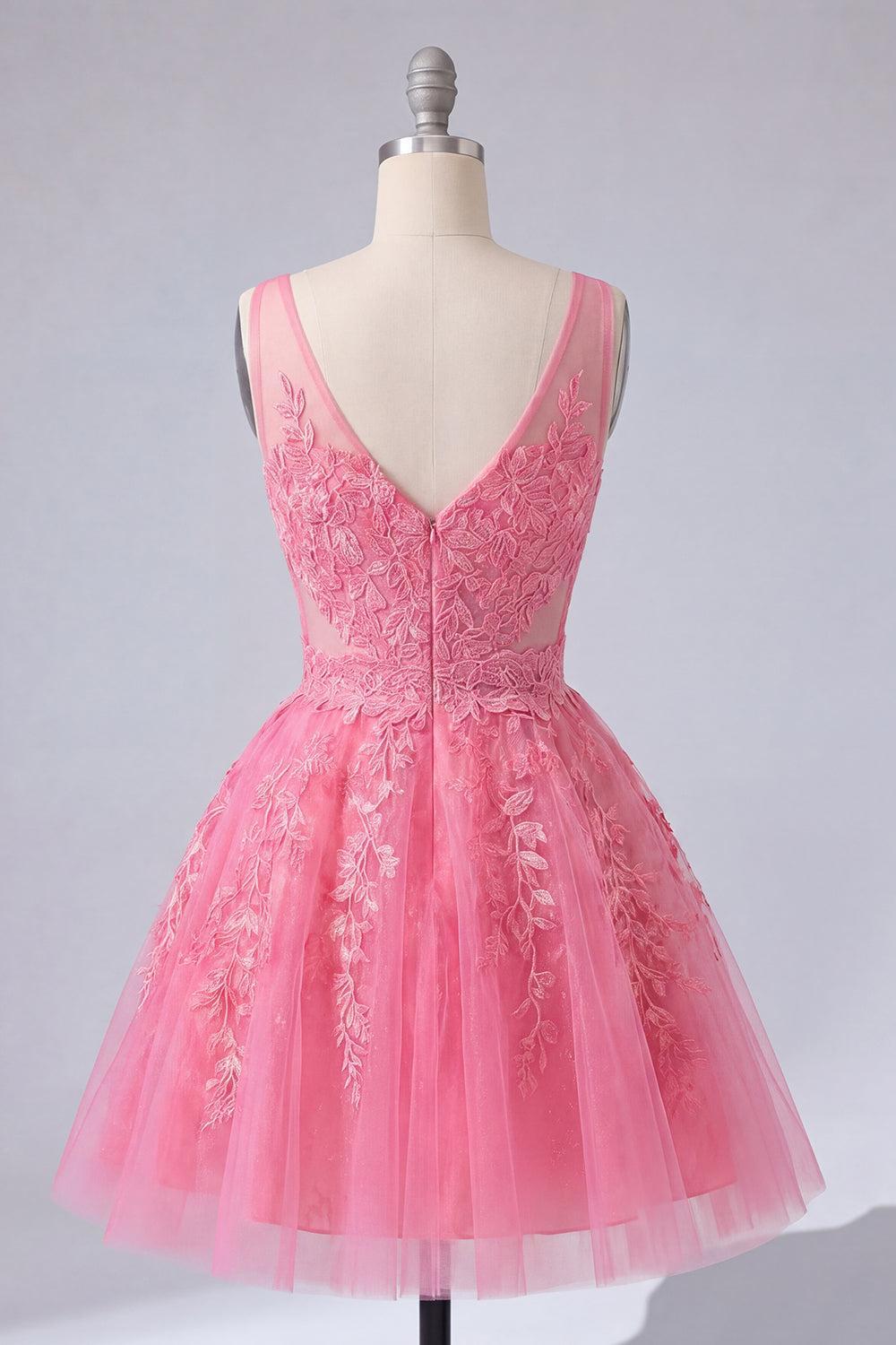 Suzhoufashion A Line Hot Pink Lace Appliqued V-Neck Short Homecoming Dress