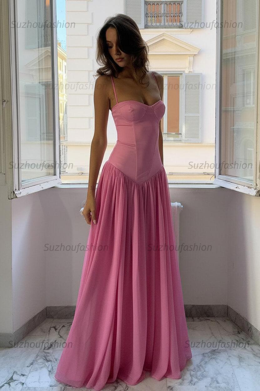 Suzhoufashion A Line Spaghetti Straps Pink Corset Prom Dress With Ruffles Formal Evening Gown