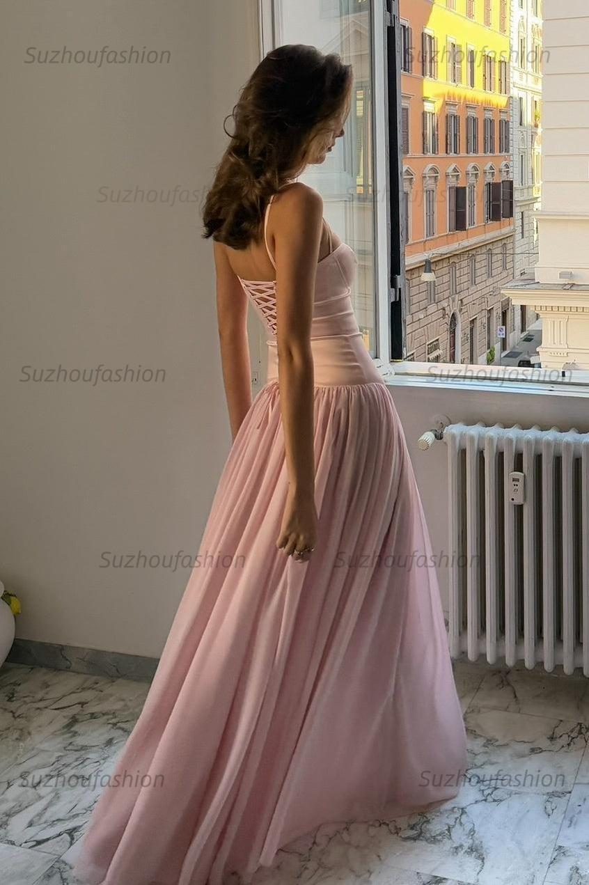 Suzhoufashion A Line Spaghetti Straps Pink Corset Prom Dress With Ruffles Formal Evening Gown