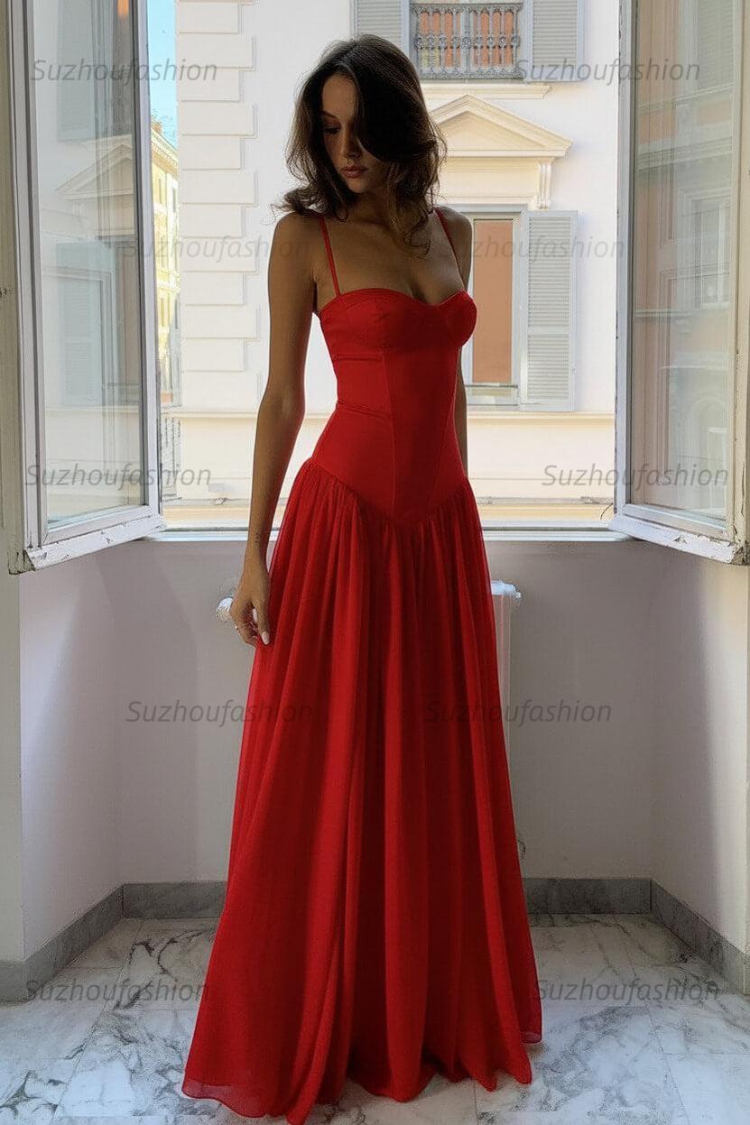Suzhoufashion A Line Spaghetti Straps Pink Corset Prom Dress With Ruffles Formal Evening Gown