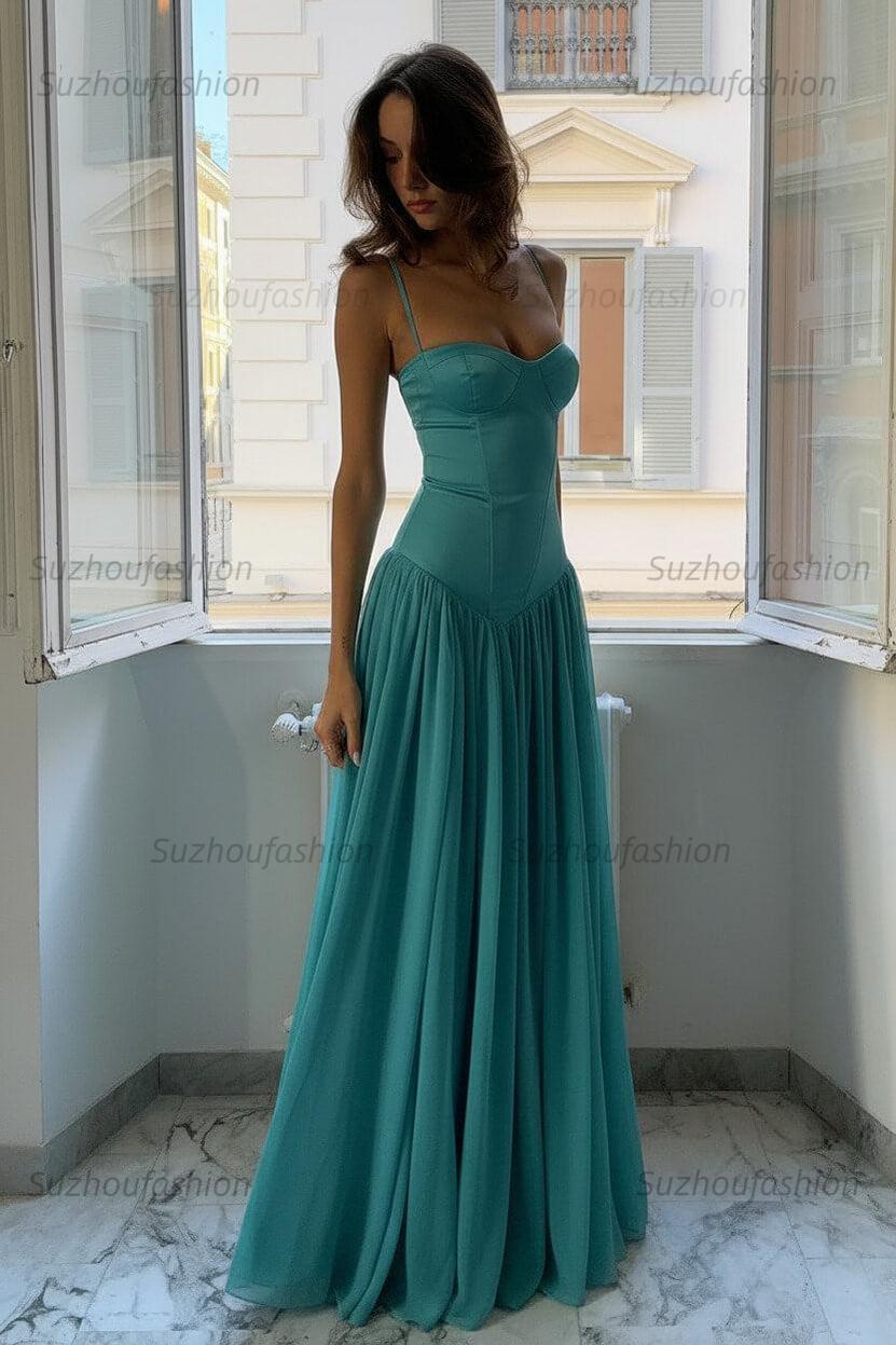 Suzhoufashion A Line Spaghetti Straps Pink Corset Prom Dress With Ruffles Formal Evening Gown