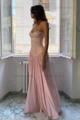 Suzhoufashion A Line Spaghetti Straps Pink Corset Prom Dress With Ruffles Formal Evening Gown